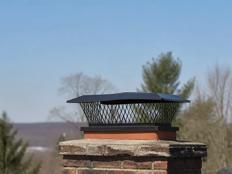 Weathered brick chimney with a wide mesh chimney cap, Scarsdale, NY