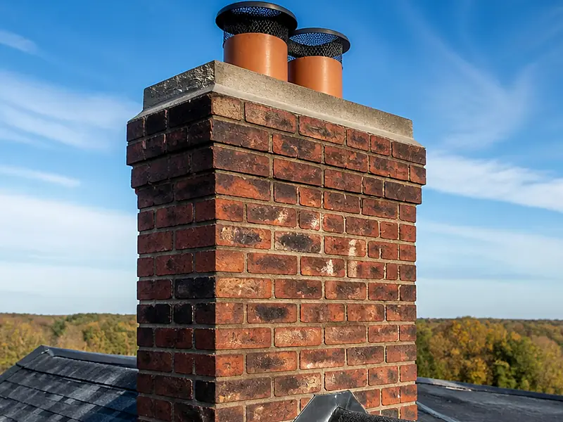 Brick chimney with two capped clay flue pots and metal roof flashing, Scarsdale, NY