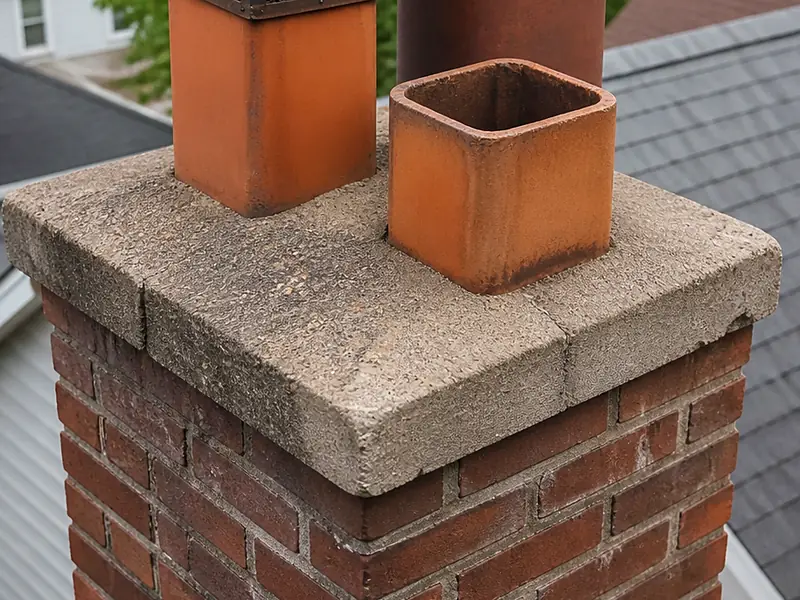 Close-up of a concrete chimney crown with clay flue tiles and rain caps, Scarsdale, NY